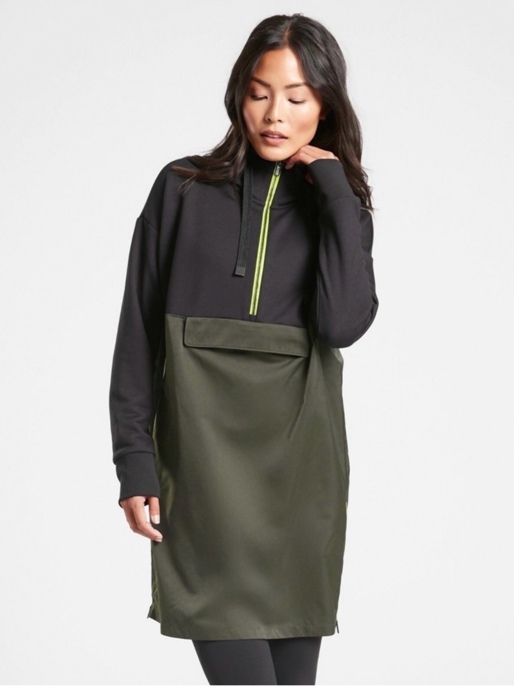 Athleta Two-Tone Black and Olive Green Hooded Pullover